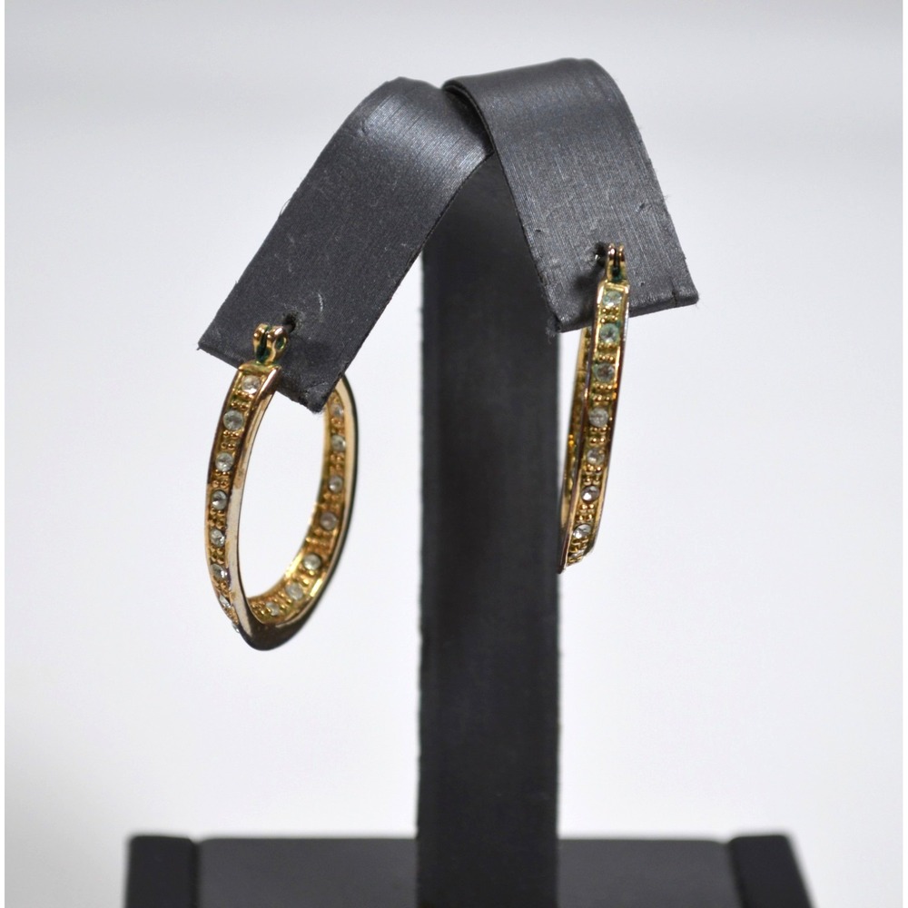 Vintage Gold‎ Tone w/ Clear Rhinestone Oval Hoop Earrings 1.25"